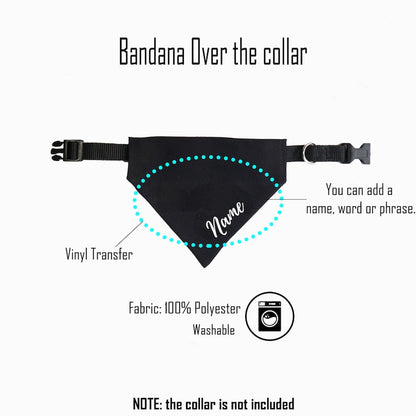 AnitasStitches black polyester dog bandana with customizable vinyl transfer text, designed to slide over a collar.