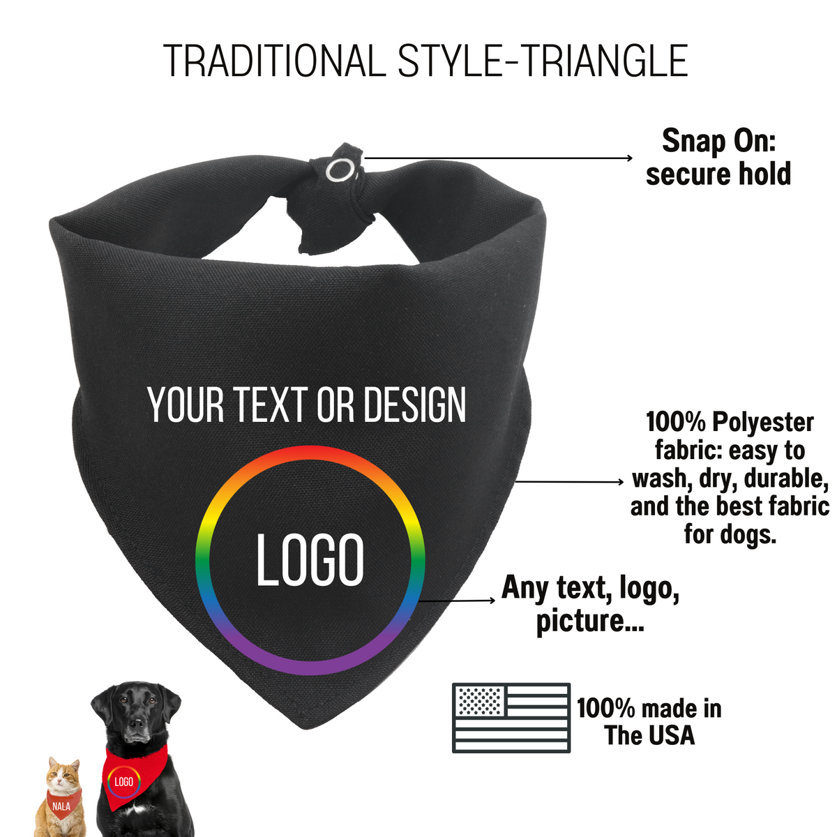 AnitasStitches black triangle dog bandana with customizable logo and snap-on closure made from durable polyester