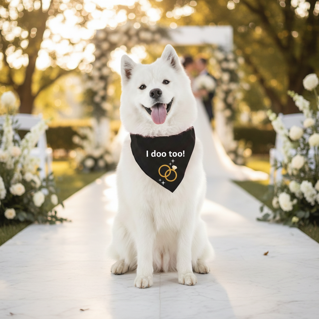 AnitasStitches white Samoyed dog wearing a black personalized wedding dog bandana with rings at an outdoor ceremony.