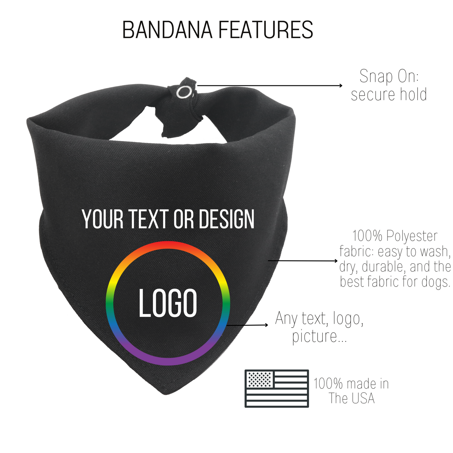AnitasStitches black polyester dog bandana with custom logo and snap-on closure, handmade in the USA.