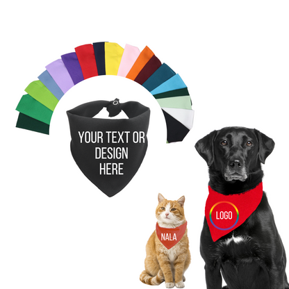 AnitasStitches custom dog and cat bandanas in various colors, featuring personalized text and logo options.