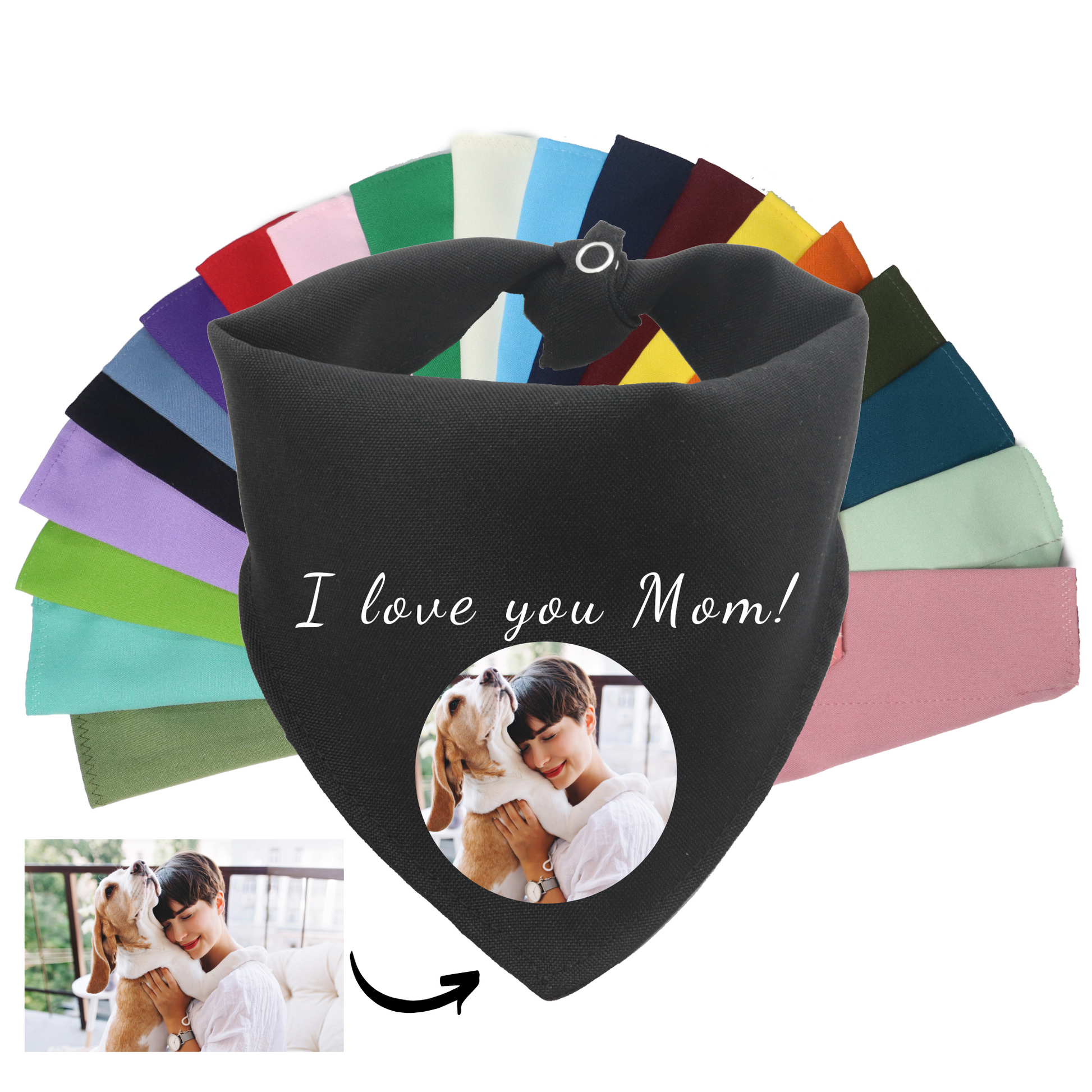 AnitasStitches personalized black dog bandana with custom photo and text, displayed with a variety of color options.