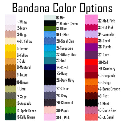 AnitasStitches color chart showing 46 fabric swatches for custom personalized dog bandanas in various solid colors.