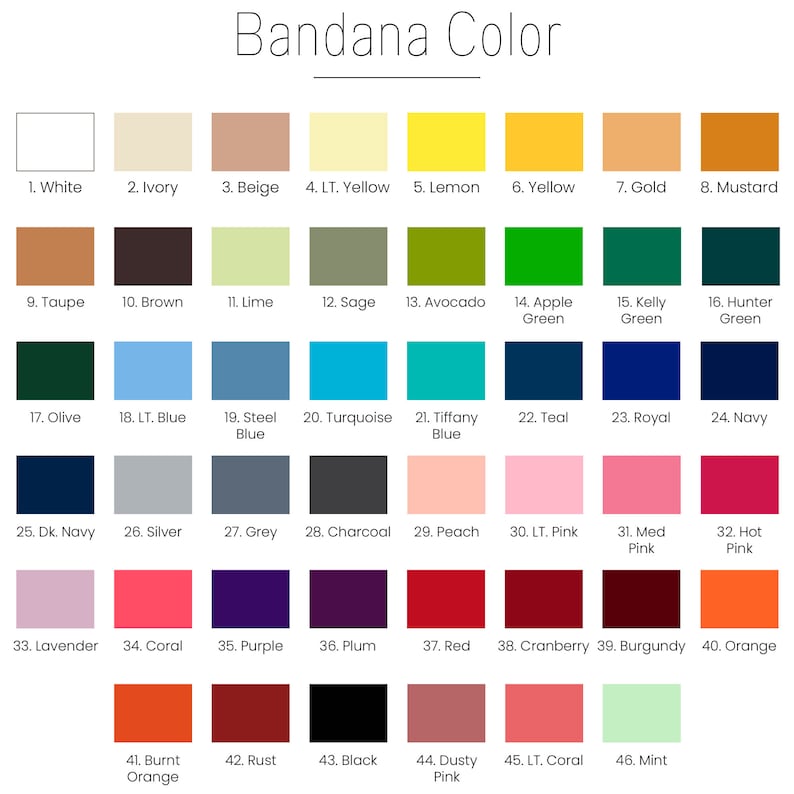 AnitasStitches color chart showing 46 numbered solid fabric swatches for handmade dog and cat bandanas