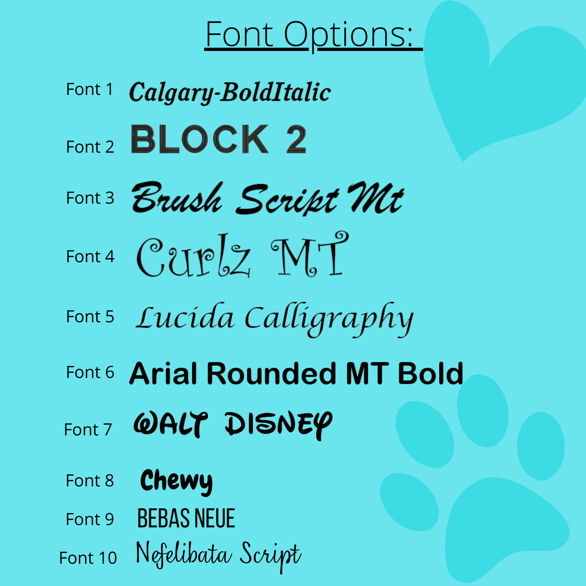 AnitasStitches font options chart for custom dog bandanas featuring ten different typography styles on light blue