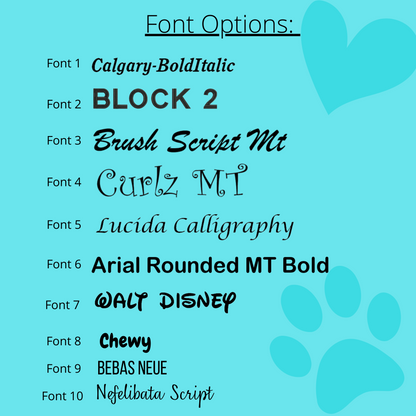 AnitasStitches font options chart for custom dog bandanas featuring ten different typography styles on light blue