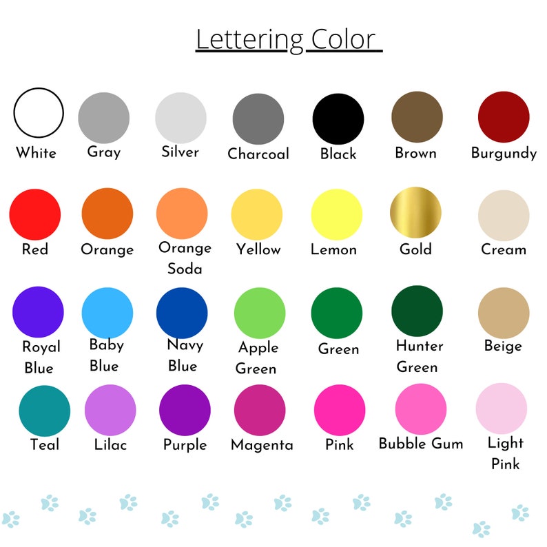 AnitasStitches color chart showing various vinyl lettering options for custom Thanksgiving dog bandanas