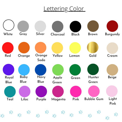 AnitasStitches color chart showing various vinyl lettering options for custom Thanksgiving dog bandanas