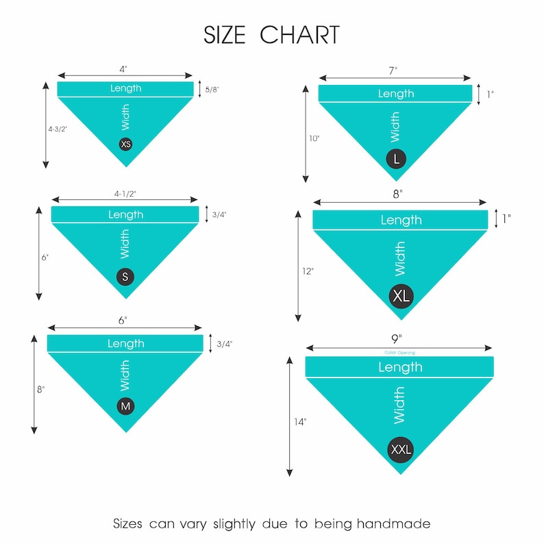 AnitasStitches dog bandana size chart showing dimensions for XS, S, M, L, XL, and XXL sizes with collar openings.
