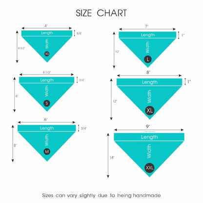 AnitasStitches dog bandana size chart showing dimensions for XS, S, M, L, XL, and XXL sizes with collar openings.
