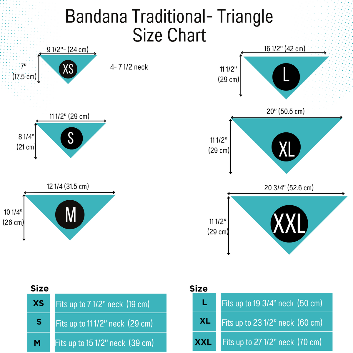 AnitasStitches dog bandana size chart showing dimensions for XS to XXL triangle bandanas with neck measurements