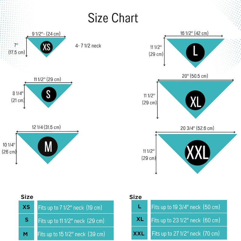 AnitasStitches dog bandana size chart showing dimensions for XS to XXL sizes with neck measurements in inches and cm.