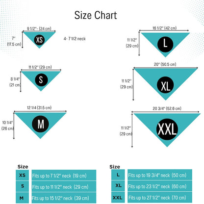 AnitasStitches dog bandana size chart showing dimensions for XS to XXL sizes with neck measurements in inches and cm.