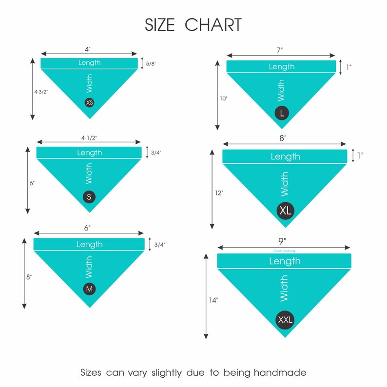 AnitasStitches dog bandana size chart showing dimensions for XS through XXL sizes for over-the-collar pet bandanas.