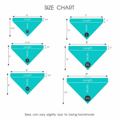 AnitasStitches dog bandana size chart showing dimensions for XS through XXL sizes for over-the-collar pet bandanas.