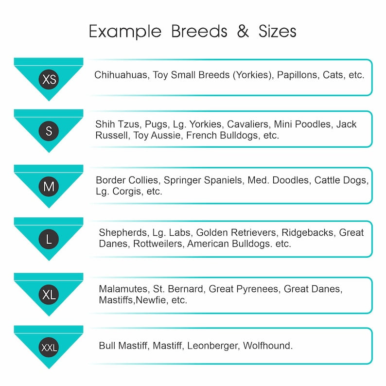 AnitasStitches dog bandana size chart showing XS to XXL sizes with corresponding dog breed examples