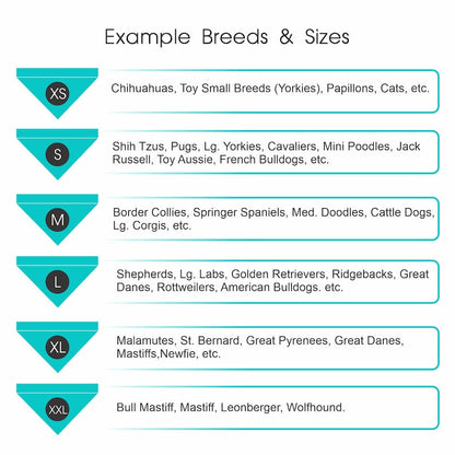 AnitasStitches dog bandana size chart showing XS to XXL sizes with corresponding dog breed examples