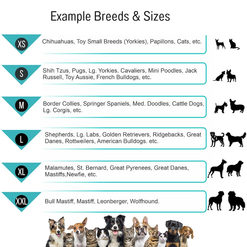 AnitasStitches dog bandana size guide chart showing breed examples for sizes XS through XXL for pets