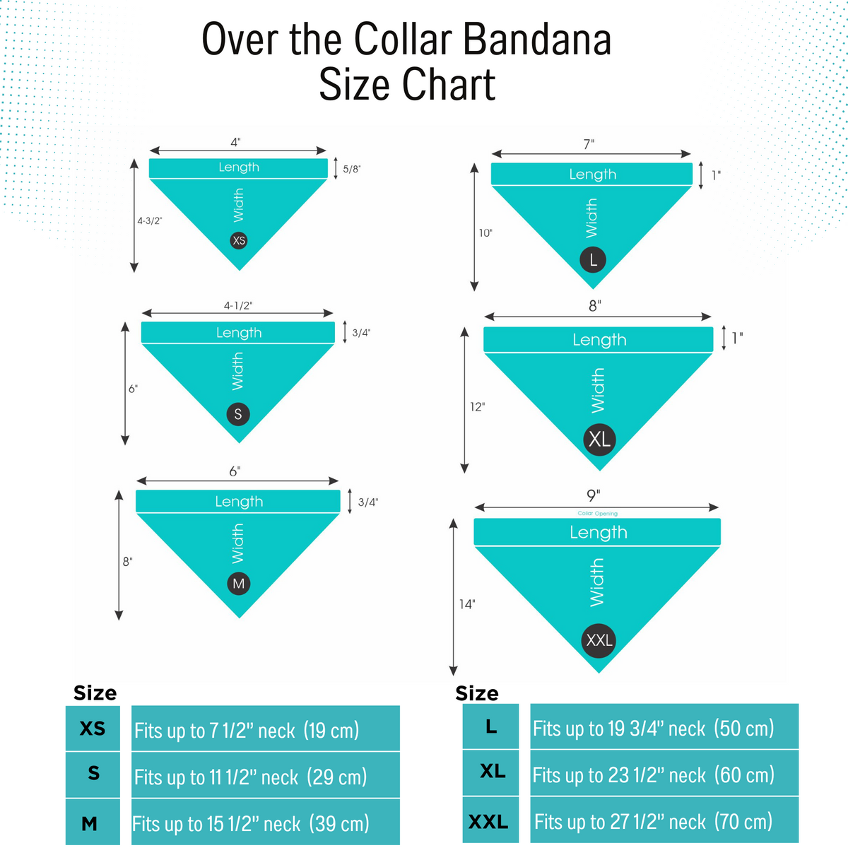 AnitasStitches dog bandana size chart showing measurements for sizes XS through XXL with neck fit dimensions.