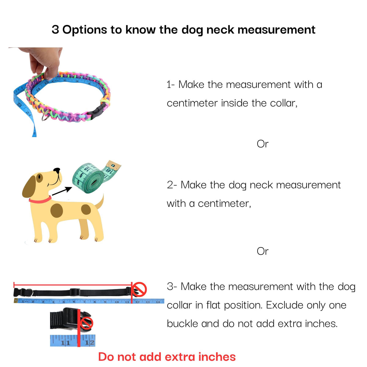 AnitasStitches instructional guide showing three methods to measure a dog's neck for a custom beaded pet collar fit.