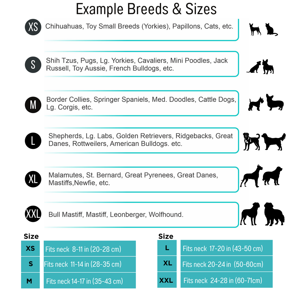 AnitasStitches dog collar size guide showing breed examples and neck measurements from XS to XXL for pet owners.