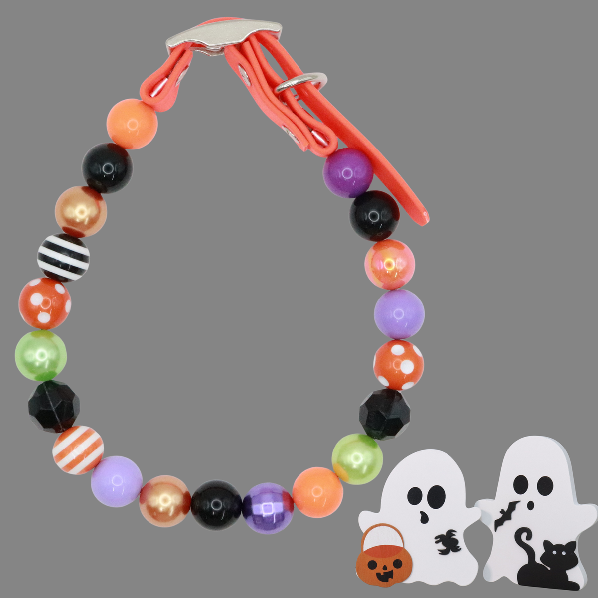 AnitasStitches adjustable Halloween dog collar with colorful bubblegum beads, waterproof strap, and metal hardware.