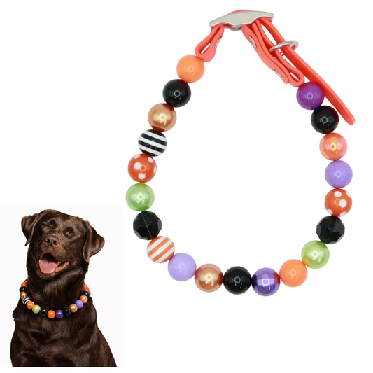 AnitasStitches adjustable Halloween dog collar featuring vibrant multi-colored beads and a durable orange strap.