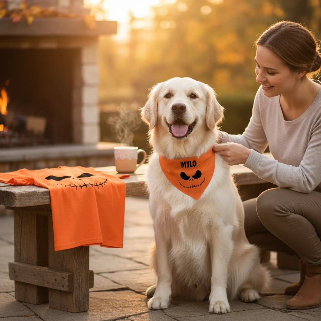 AnitasStitches matching Halloween set with an orange Jack Skellington dog bandana and a cotton shirt for the owner.