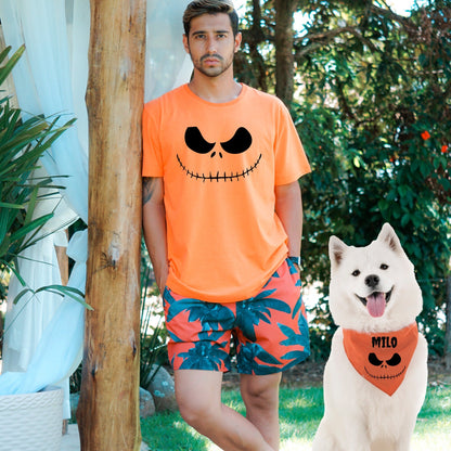 AnitasStitches matching Jack Skellington Halloween costume set with an orange cotton t-shirt and dog bandana.