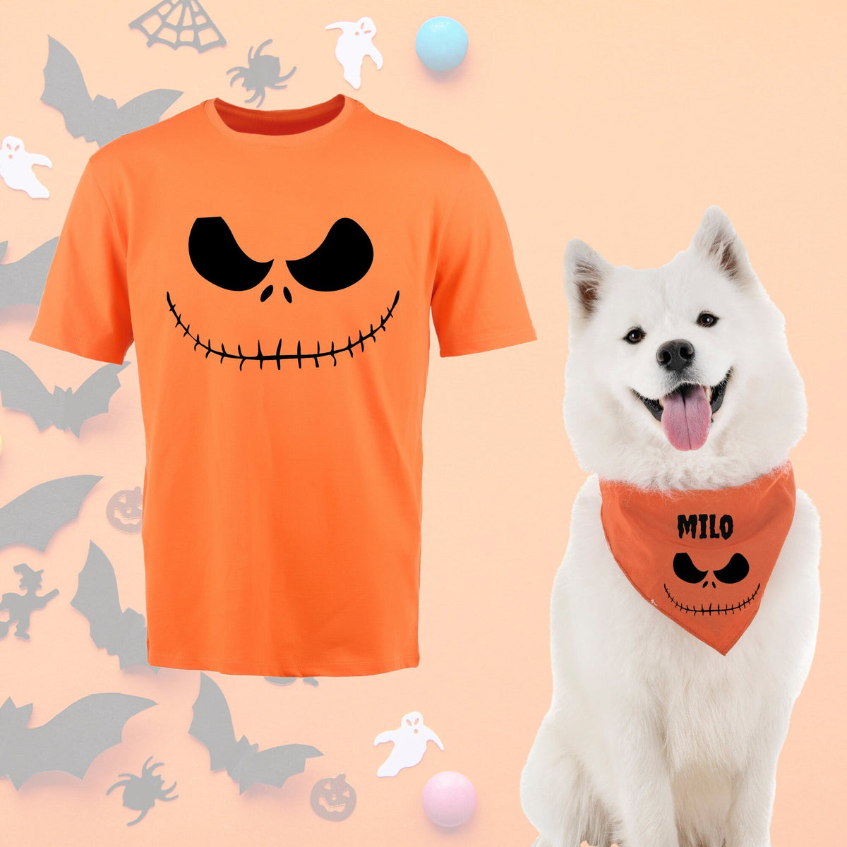 AnitasStitches matching orange Jack Skellington Halloween shirt and dog bandana set on a white Samoyed dog