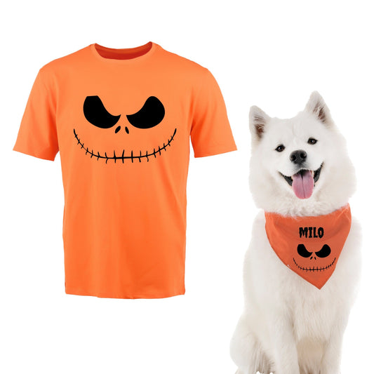 AnitasStitches matching orange Jack Skellington Halloween shirt and dog bandana set with custom name Milo