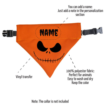 AnitasStitches orange polyester dog bandana featuring a black Jack Skellington face and customizable name area.