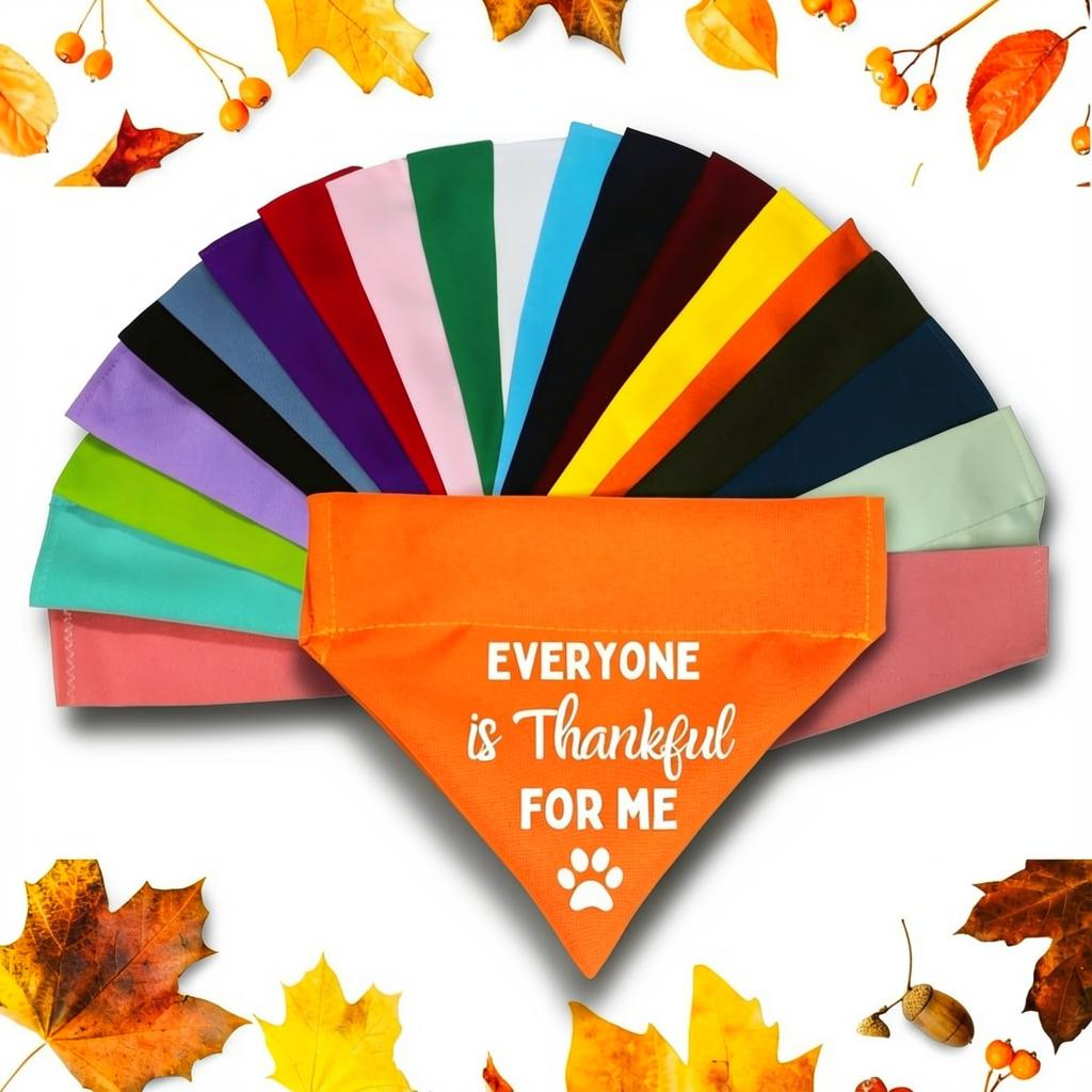 AnitasStitches orange Thanksgiving dog bandana with text Everyone is Thankful For Me surrounded by fall leaves