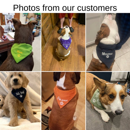 AnitasStitches personalized dog bandanas in various colors worn by different dogs, featuring custom names and paw prints