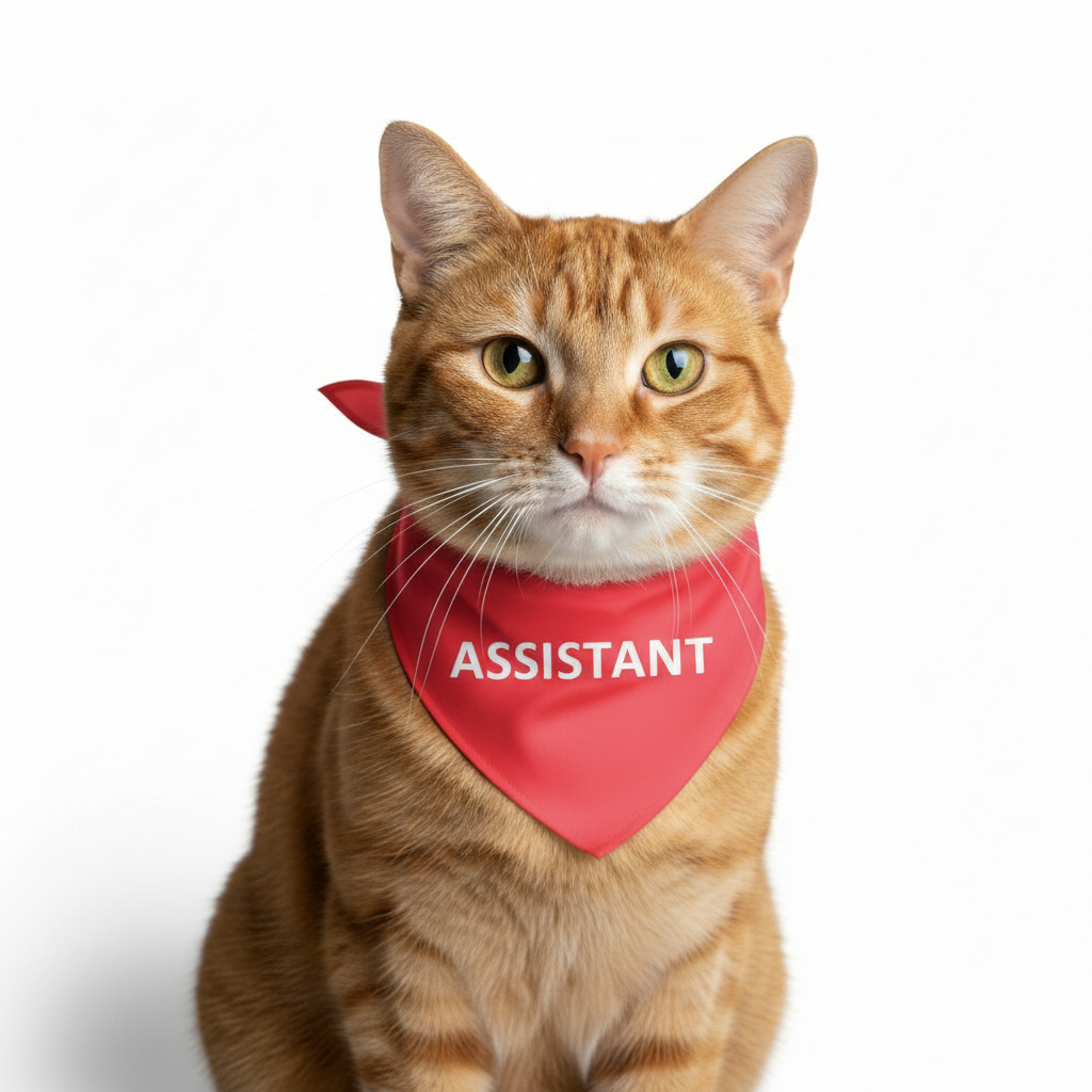 AnitasStitches red polyester cat bandana with custom white ASSISTANT text worn by an orange tabby cat