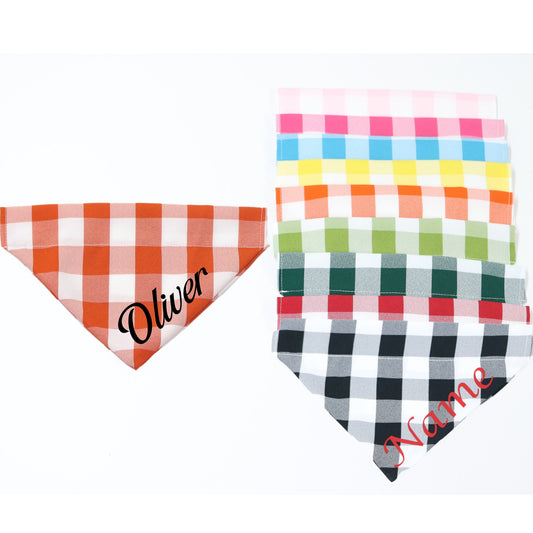 Custom flannel dog bandana over the collar, personalized harvest autumn scarf, pumpkin dog or cat bandana, gingham fall, name dog bandana