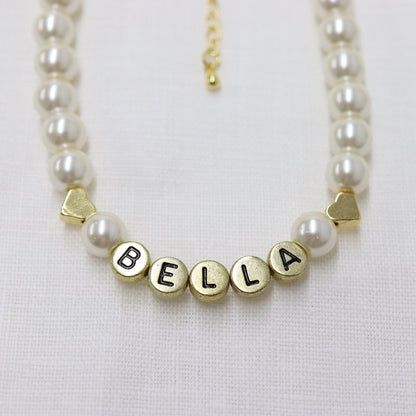 Custom name cat necklace - pearl bead