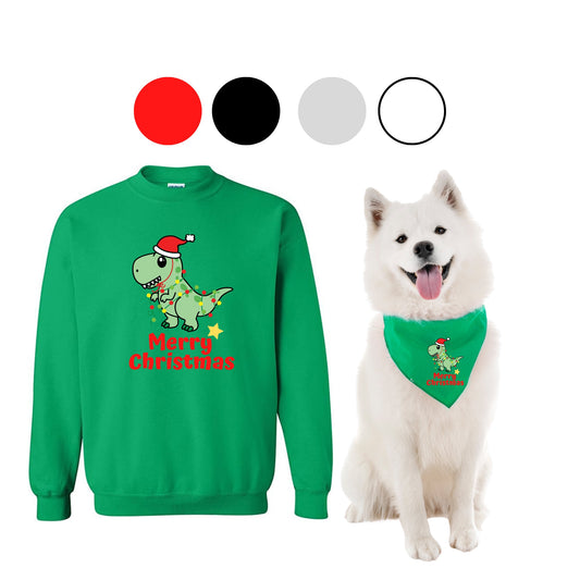 Dog And Owner Matching Sweater And Dog Bandana- Dinosaur Christmas