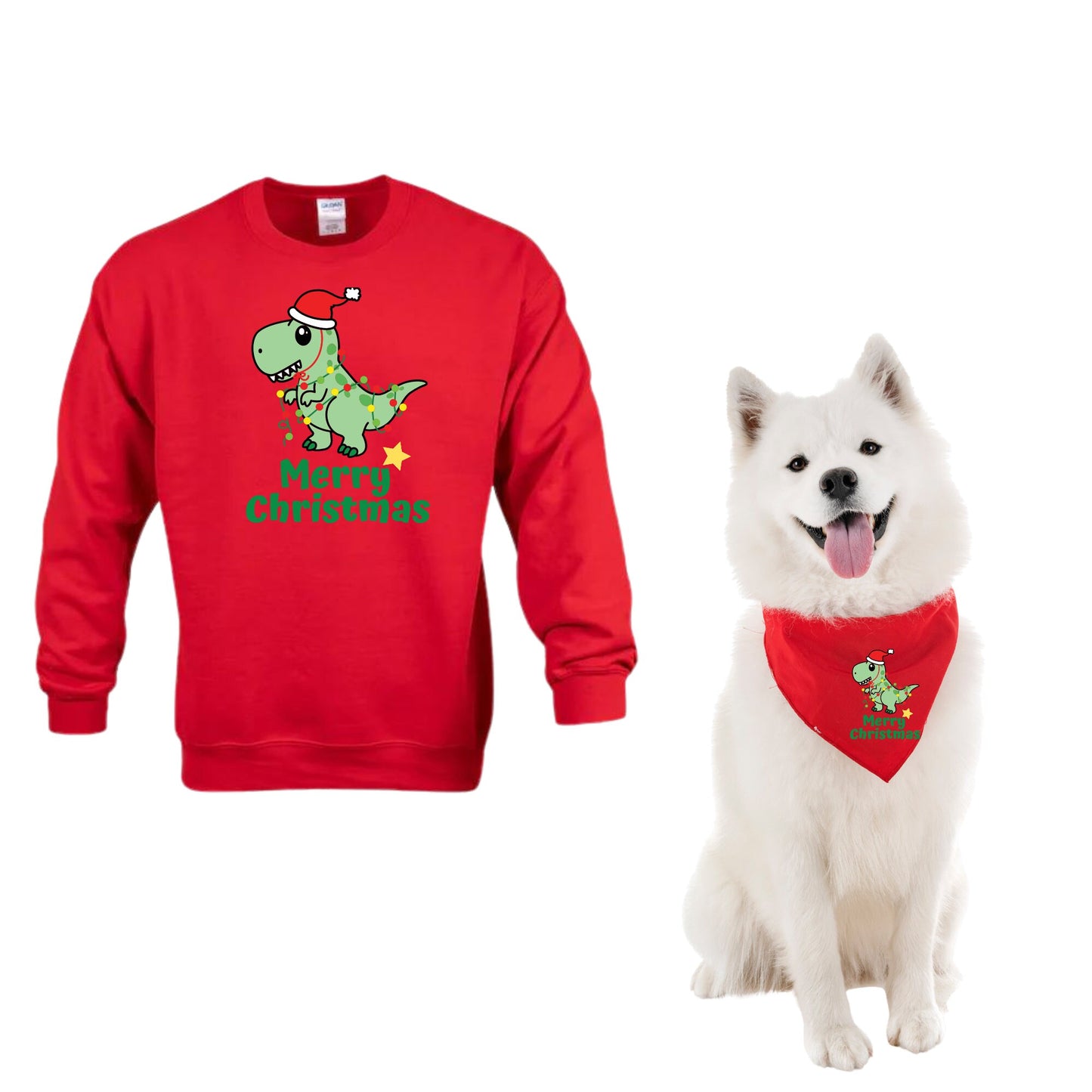 Dog And Owner Matching Sweater And Dog Bandana- Dinosaur Christmas