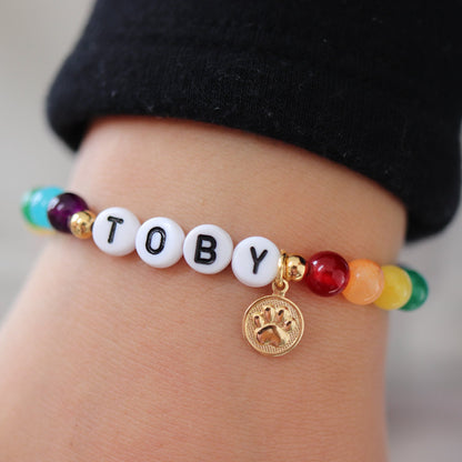 Pet Memorial Name Rainbow Bracelet (Charm: Bone or Paw)