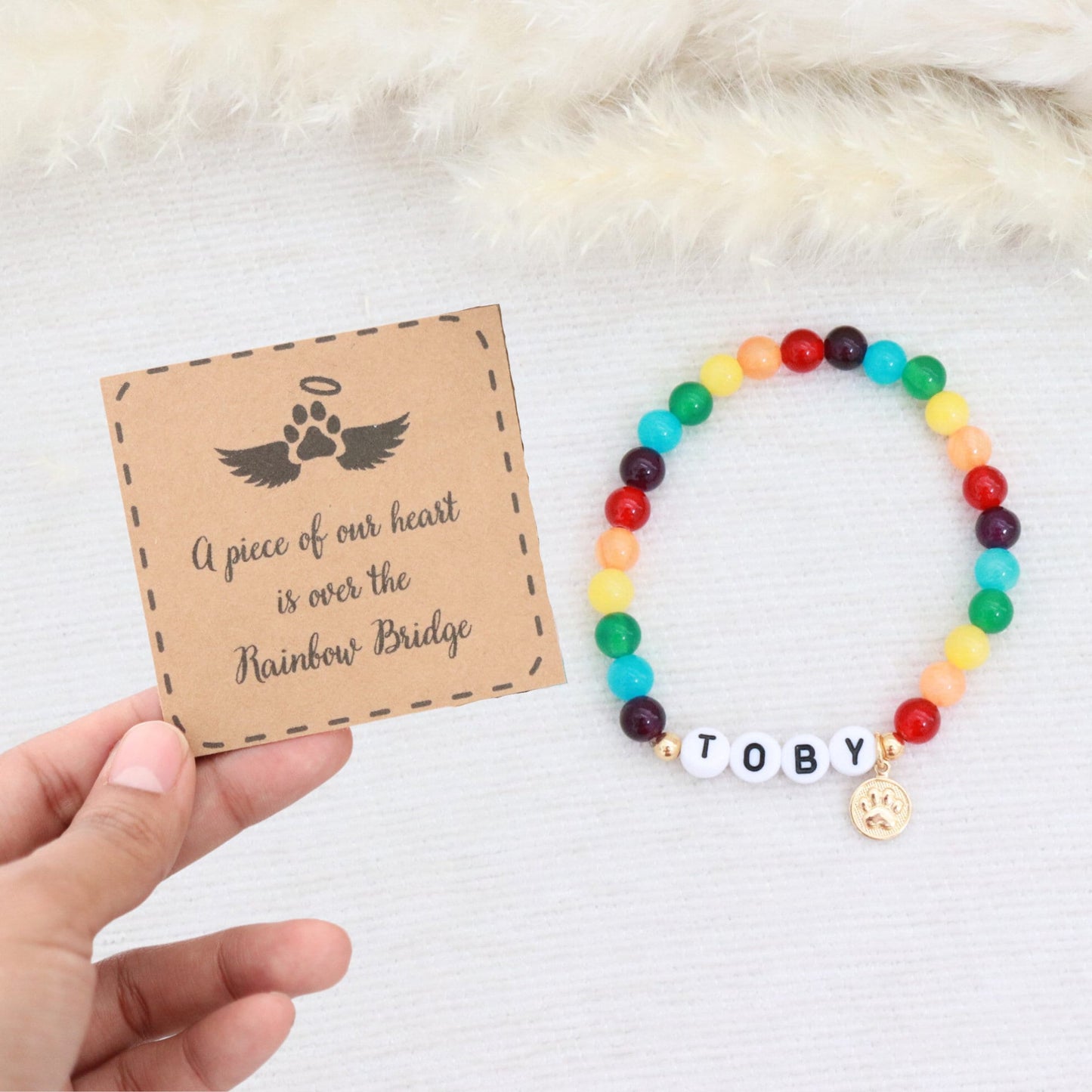 Pet Memorial Name Rainbow Bracelet (Charm: Bone or Paw)