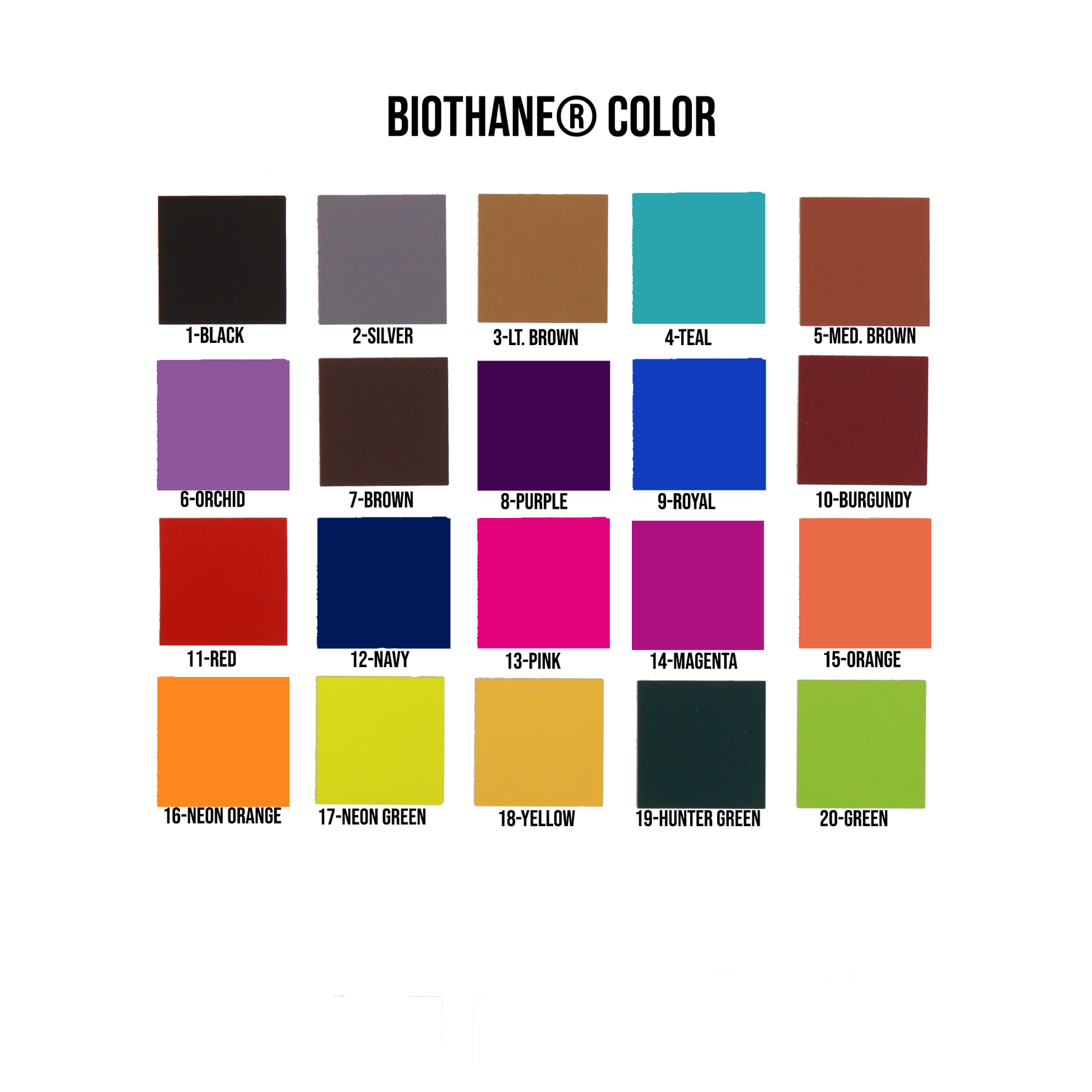 Vegan leather color options (Biothane): black, silver, brown, teal, med. brown, orchid, brown, purple, royal. burgundy, red, navy, pink, magenta, orange, neon orange, neon yellow, yellow, hunter green and green.